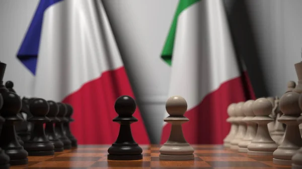 フランスとイタリアの旗に対するチェスゲーム。政治競争関連の3Dレンダリング — ストック写真