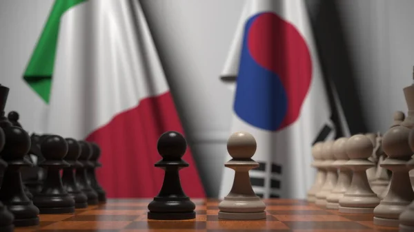 Partita a scacchi contro le bandiere di Italia e Corea. Rendering 3D correlato alla competizione politica — Foto Stock