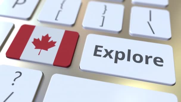 EXPLORE palavra e bandeira nacional do Canadá nos botões do teclado. Animação 3D — Vídeo de Stock