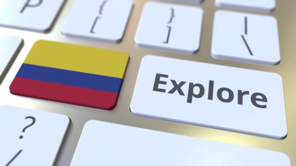 EXPLORE word and national flag of Colombia on the buttons of the keyboard. 3D animation — Stock Video