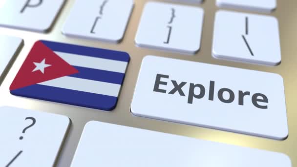 EXPLORA palabra y bandera nacional de Cuba en los botones del teclado. Animación 3D — Vídeos de Stock