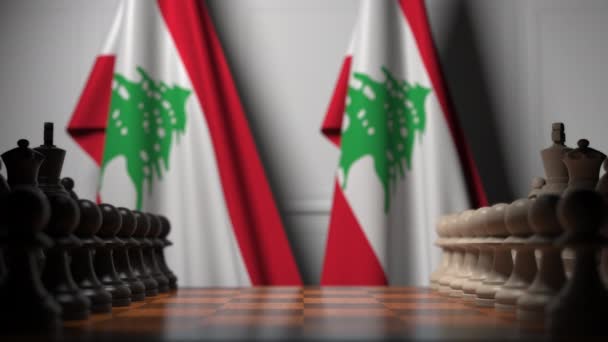 Chess game against flags of Lebanon. Political competition related 3D animation — Stock Video