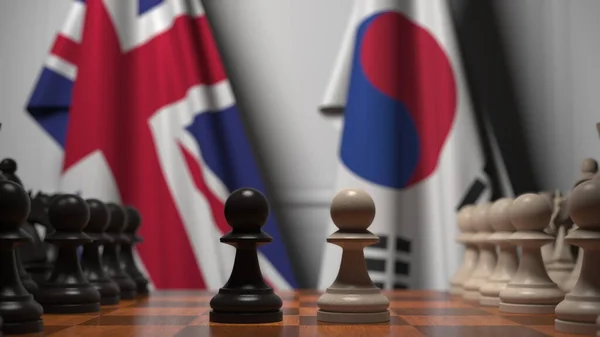 영국 과 한국의 국기에 대항하는 체스 경기. 3 차원 렌더링 과 관련된 정치적 경쟁 — 스톡 사진