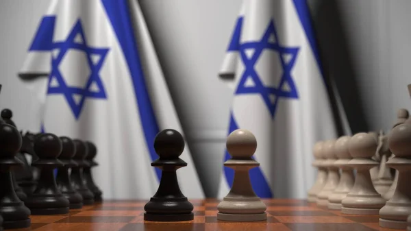 Прапори Ізраїлю за пішаками на шаховій дошці. Шахова гра або політичне суперництво пов'язують 3d рендеринг — стокове фото
