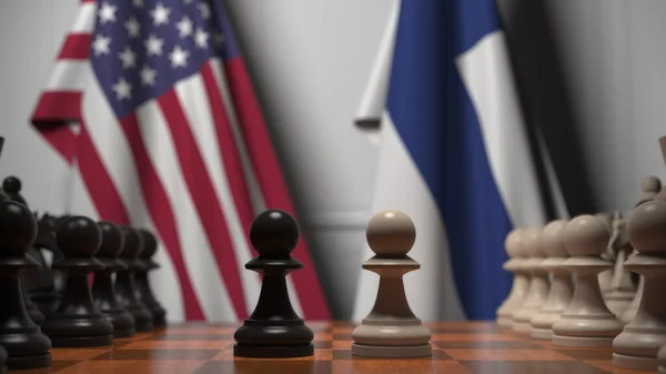 チェスボード上の質屋の後ろにアメリカとフィンランドの旗。チェスゲームや政治的ライバル関係の3Dレンダリング — ストック写真