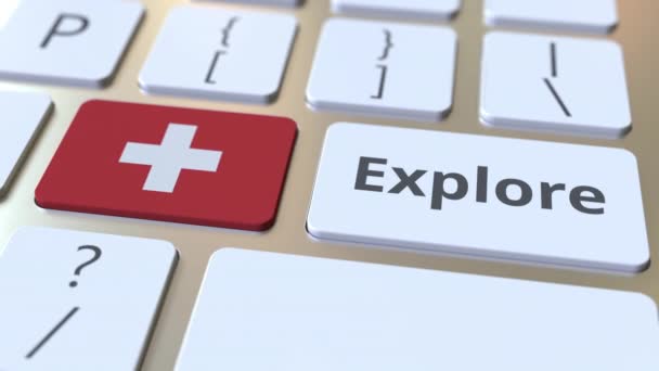 EXPLORA palabra y bandera nacional de Suiza en los botones del teclado. Animación 3D — Vídeos de Stock