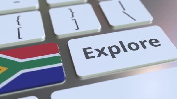 EXPLORA palabra y bandera nacional de Sudáfrica en los botones del teclado. Animación 3D — Vídeo de stock