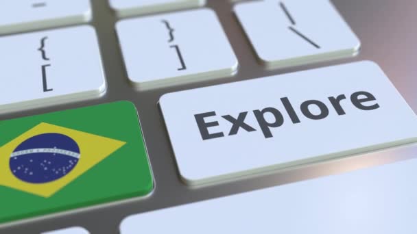 EXPLORA palabra y bandera nacional de Brasil en los botones del teclado. Animación 3D — Vídeo de stock