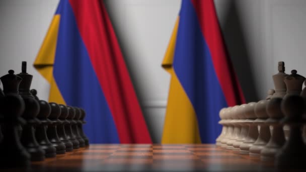 Chess game against flags of Armenia. Political competition related 3D animation — Stock Video