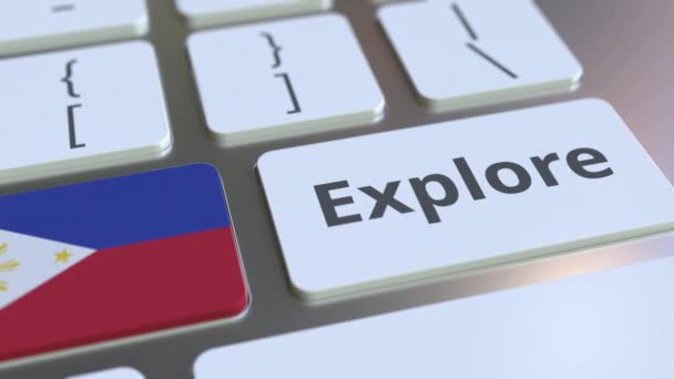 Utforska ord och nationell flagga Filippinerna på knapparna på tangentbordet. 3D-animering — Stockvideo