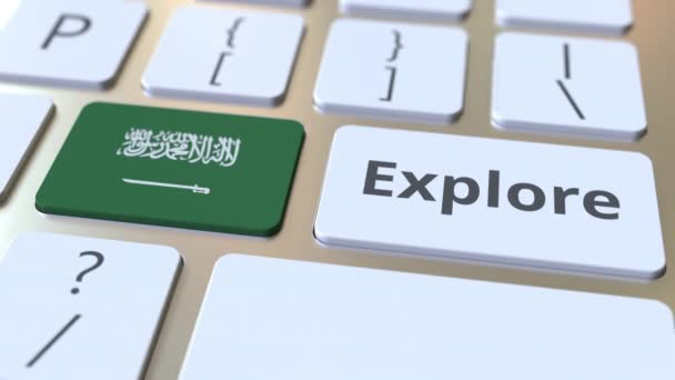 EXPLORE word and national flag of Saudi Arabia on the buttons of the keyboard. 3D animation — Stock Video