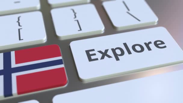 EXPLORE word and national flag of Norway on the buttons of the keyboard. 3D animation — Stock Video