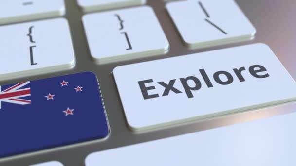 EXPLORE word and national flag of New Zealand on the buttons of the keyboard. 3D animation — Stock Video