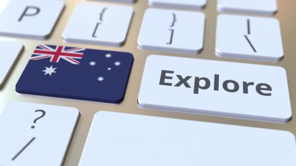 EXPLORE palavra e bandeira nacional da Austrália nos botões do teclado. Animação 3D — Vídeo de Stock