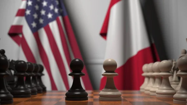 Usa és Peru zászlói a gyalogok mögött a sakktáblán. Sakk játék vagy politikai rivalizálás kapcsolódó 3d renderelés — Stock Fotó
