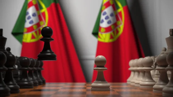 Drapeaux du Portugal derrière pions sur l'échiquier. Jeu d'échecs ou rivalité politique liée au rendu 3D — Photo