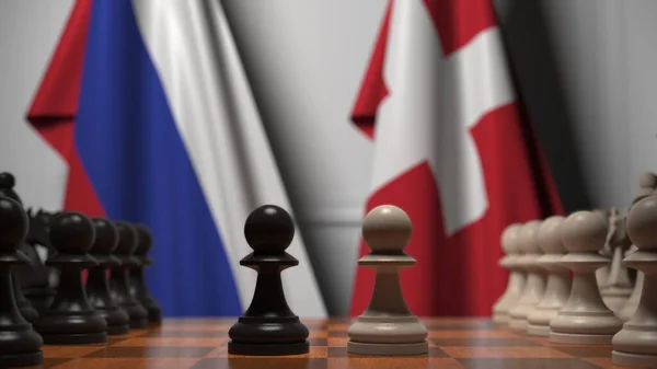 Sakk játék ellen zászlók Oroszország és Svájc. Politikai versennyel kapcsolatos 3d tetemeltakarítás — Stock Fotó