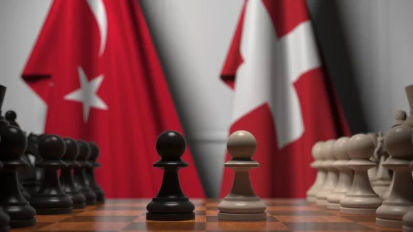 Türkiye ve İsviçre bayraklarına karşı satranç oyunu. Siyasi rekabet 3D oluşturma — Stok fotoğraf
