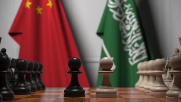 Jeu d'échecs contre les drapeaux de Chine et d'Arabie saoudite. Compétition politique liée au rendu 3D — Photo