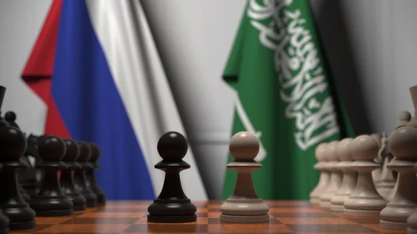 Partita a scacchi contro le bandiere di Russia e Arabia Saudita. Rendering 3D correlato alla competizione politica — Foto Stock