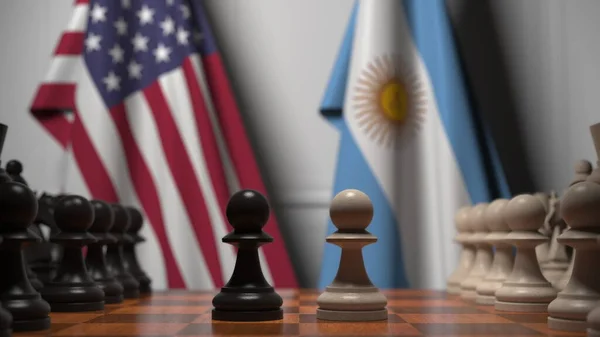 Juego de ajedrez contra banderas de USA y Argentina. Competencia política relacionada con la representación 3D — Foto de Stock