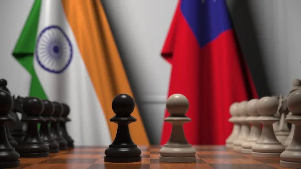 インドと台湾の旗に対するチェスゲーム。政治競争関連の3Dレンダリング — ストック写真