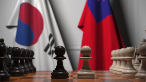 Schachspiel gegen Flaggen Südkoreas und Taiwans. politische Konkurrenz im Zusammenhang mit 3D-Rendering — Stockfoto