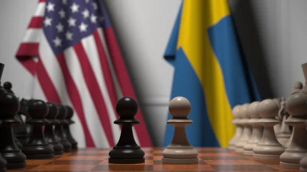 Az USA és Svédország zászlói gyalogok mögött a sakktáblán. Sakk játék vagy politikai rivalizálás kapcsolódó 3d renderelés — Stock Fotó