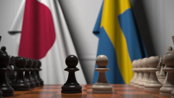Partita a scacchi contro le bandiere di Giappone e Svezia. Rendering 3D correlato alla competizione politica — Foto Stock