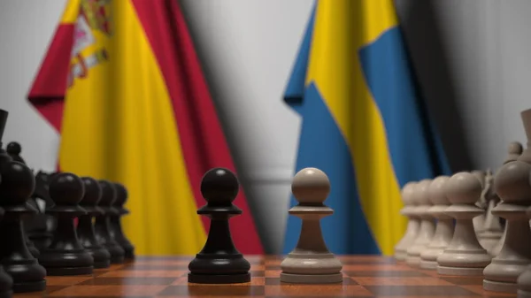 Σημαίες της Ισπανίας και της Σουηδίας πίσω από πιόνια στη σκακιέρα. Σκάκι παιχνίδι ή πολιτική αντιπαλότητα που σχετίζονται 3d απόδοση — Φωτογραφία Αρχείου