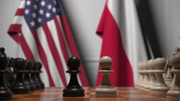 Прапори Уси і Польщі за пішаками на шаховій дошці. Шахова гра або політичне суперництво пов'язують 3d рендеринг — стокове фото