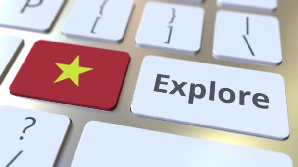 EXPLORA palabra y bandera nacional de Vietnam en los botones del teclado. Animación 3D — Vídeo de stock
