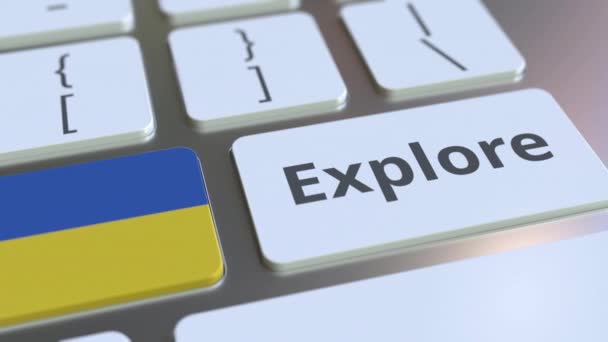 EXPLORA palabra y bandera nacional de Ucrania en los botones del teclado. Animación 3D — Vídeo de stock