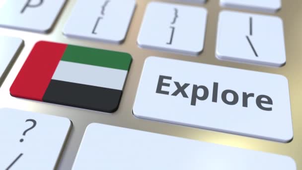 Entdecken Sie Wort und Nationalflagge der Vereinigten Arabischen Emirate uae auf den Tasten der Tastatur. 3D-Animation — Stockvideo