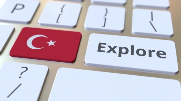 EXPLORA palabra y bandera nacional de Turquía en los botones del teclado. Animación 3D — Vídeo de stock