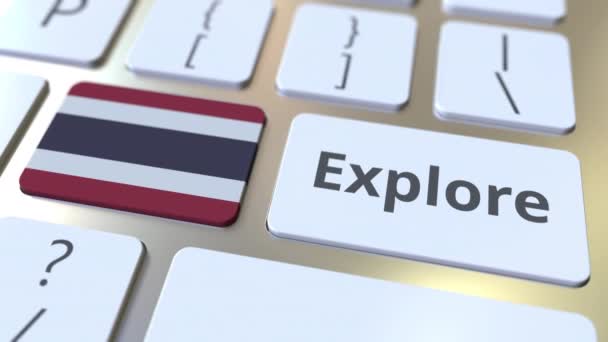 EXPLORE word and national flag of Thailand on the buttons of the keyboard. 3D animation — Stock Video