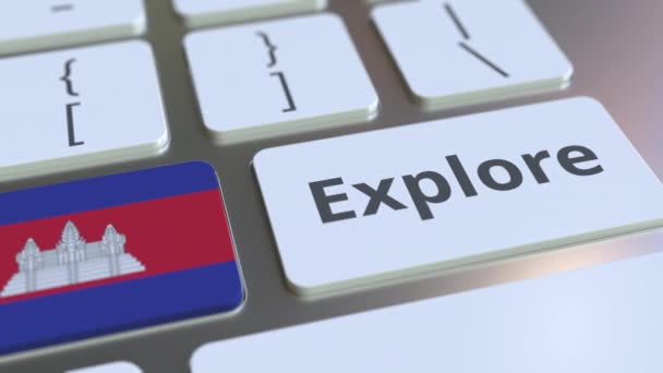 EXPLORE palavra e bandeira nacional do Camboja nos botões do teclado. Animação 3D — Vídeo de Stock