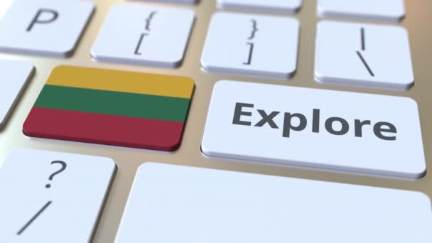 EXPLORE word and national flag of Lithuania on the buttons of the keyboard. 3D animation — Stock Video