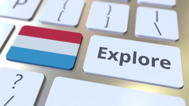 EXPLORE palabra y bandera nacional de Luxemburgo en los botones del teclado. Animación 3D — Vídeos de Stock