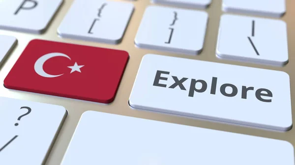 Entdecken Sie Wort und Nationalflagge der Türkei auf den Tasten der Tastatur. 3D-Darstellung — Stockfoto