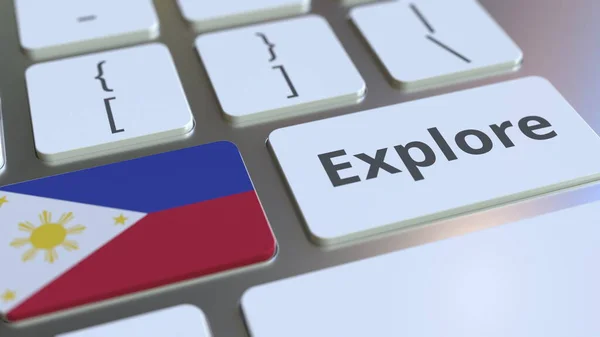EXPLORE kata dan bendera nasional Filipina pada tombol keyboard. Perender 3D — Stok Foto