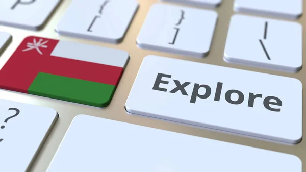 EXPLORE palavra e bandeira nacional de Omã nos botões do teclado. Renderização 3D — Fotografia de Stock