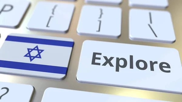Poznaj słowo i flagę narodową Izraela na przyciskach klawiatury. 3d renderowanie — Zdjęcie stockowe