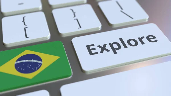 EXPLORE word and national flame of Brazil on the buttons of the keyboard. 3D рендеринг — стоковое фото