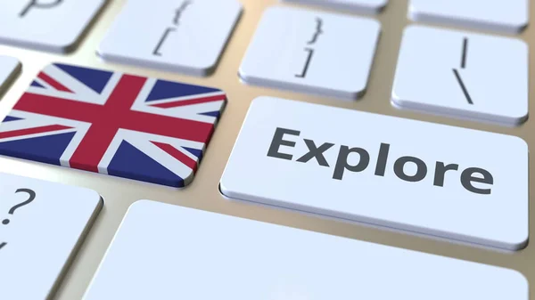 EXPLORA palabra y bandera nacional de Gran Bretaña en los botones del teclado. Renderizado 3D — Foto de Stock