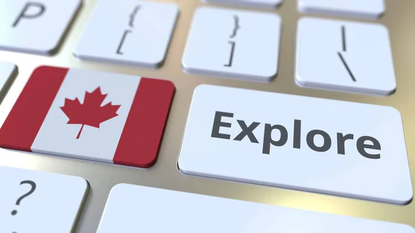 Εξερευνήστε λέξη και εθνική σημαία του Καναδά στα κουμπιά του πληκτρολογίου. 3d απόδοση — Φωτογραφία Αρχείου