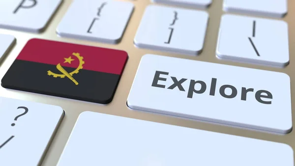 EXPLORE palavra e bandeira nacional de Angola nos botões do teclado. Renderização 3D — Fotografia de Stock