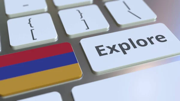 Досліджуйте слова та національний прапор Вірменії на кнопках клавіатури. 3d рендеринг — стокове фото