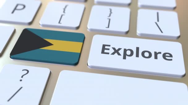 探索键盘按钮上的单词和巴哈马国旗。 3D动画 — 图库视频影像