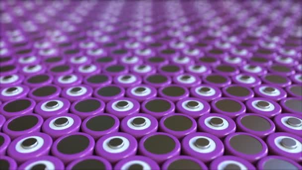 Many purple lithium-ion batteries used in industrial battery packs for portable electronics and electric vehicles. Loopable 3D animation — Stock Video